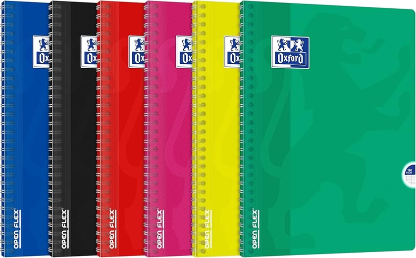 Oxford OpenFlex - Lot de 5 Cahiers à Spirales 24 x 32cm 100 Pages Grands Carreaux Seyès Couverture Polypro Couleurs Assorties