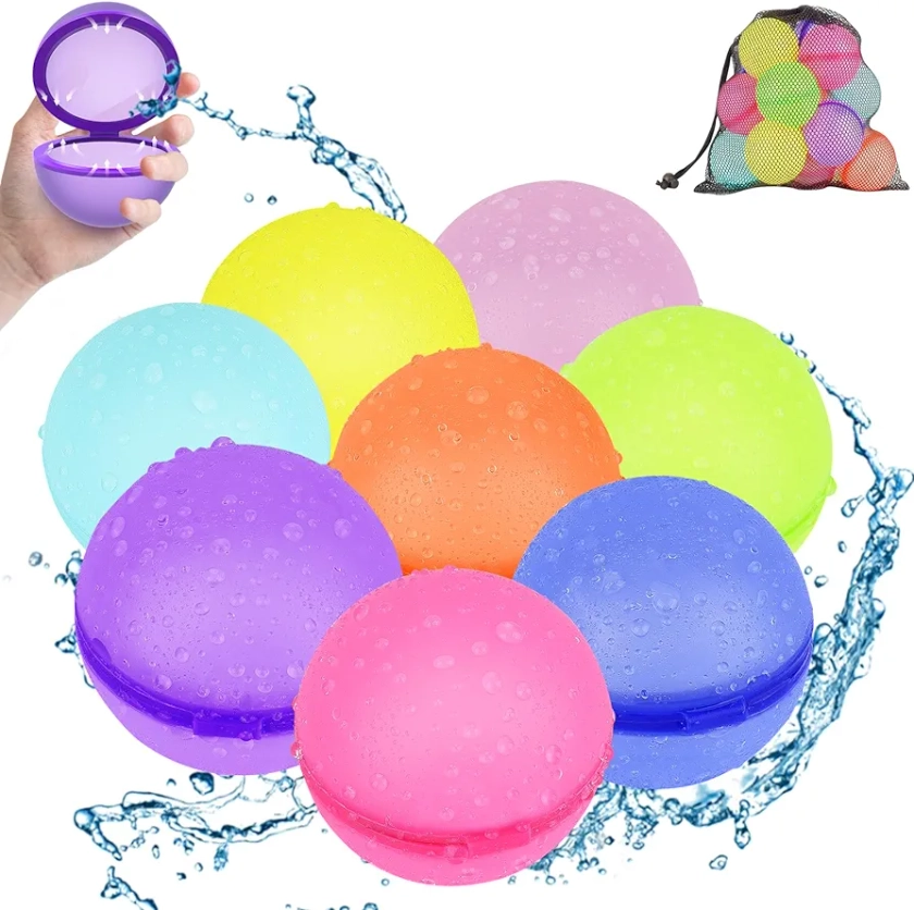 Stronger Magnets Flexible Reusable Water Balloons (8Pack 8 Colors), Self-Sealing Quick Fill Magnetic Water Balloon for Kids/Adults, Summer Water Pool Beach Outdoor Activities Games Toy