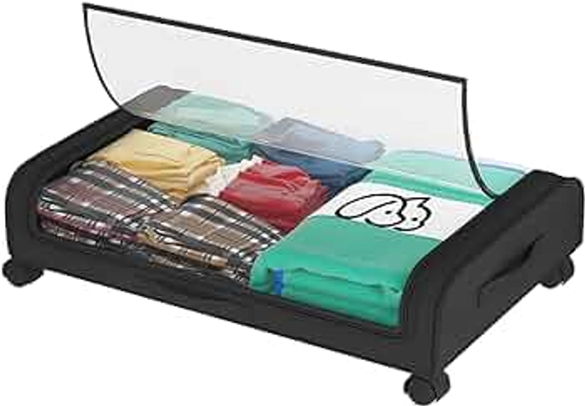 NADAMOO Under Bed Storage with Wheels 1 Pack, Rolling Under Bed Shoe Organizer with Clear Cover, Space-saving Under Bed Drawer Containers for Bedroom Clothes Blankets Books
