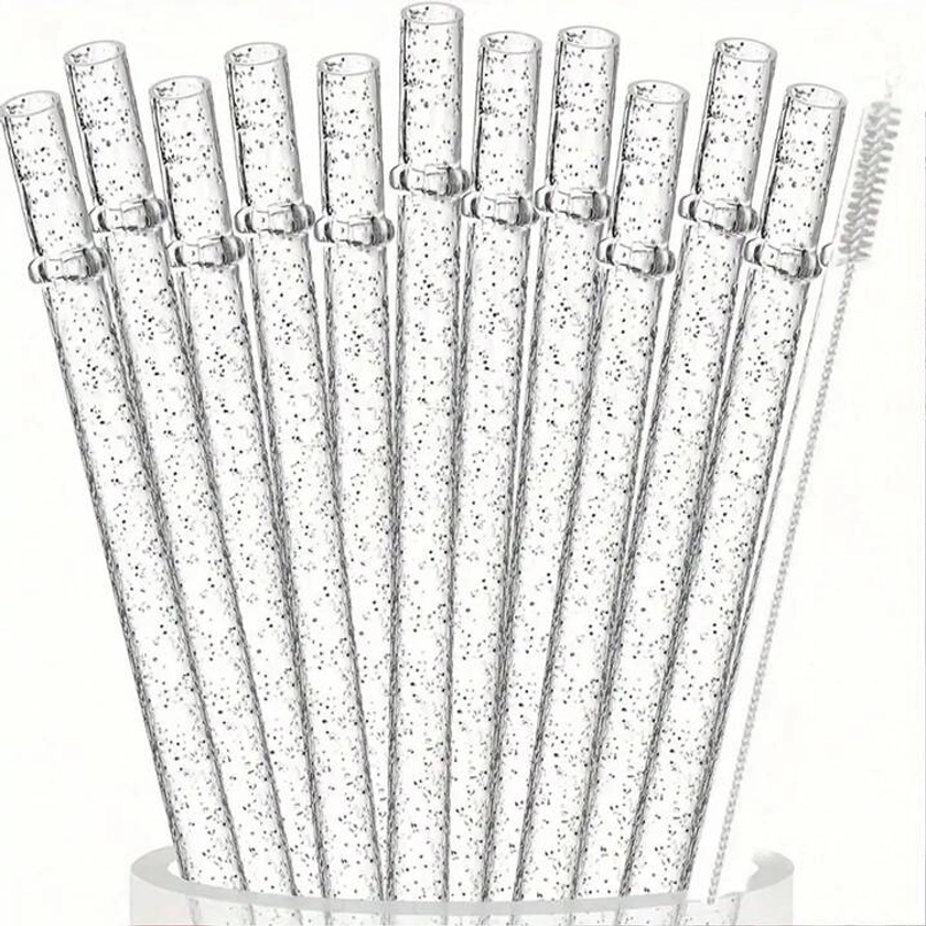 12pcs Random Color Reusable Plastic Straws With Cleaning Brush, 9 Inches Long, Fits 24oz-30oz Mason Jars/Glass, Dishwasher Safe