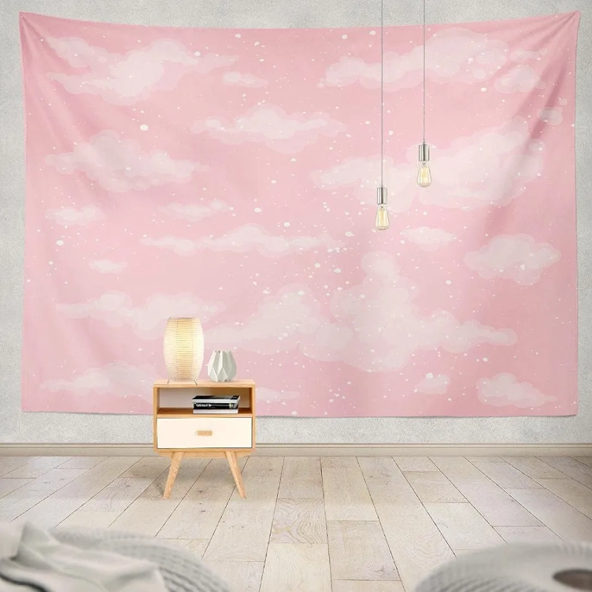 XSHANG Pink Cloud Tapestry for Bedroom Decor, Aesthetic Home Decorations for Backdrop, Cute White Heaven Sky Tapestries, Wall Hanging for Teen Girls College Dorm, Living Room, Ceiling (59Wx79L)