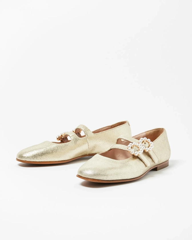 Mary Jane Pearl Buckle Gold Leather Shoes | Oliver Bonas