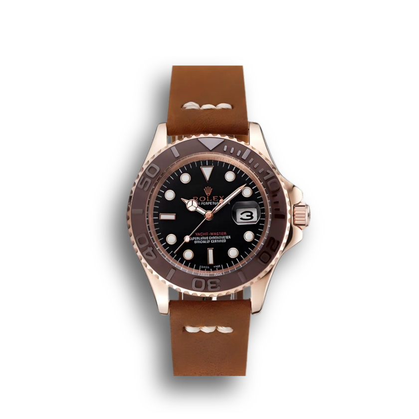 Rolex Yacht-Master Black Dial Brown Bezel Rose Gold Case Brown Leather Bracelet 1453860 - Best Place to Buy Replica Rolex Watches | Perfect Rolex