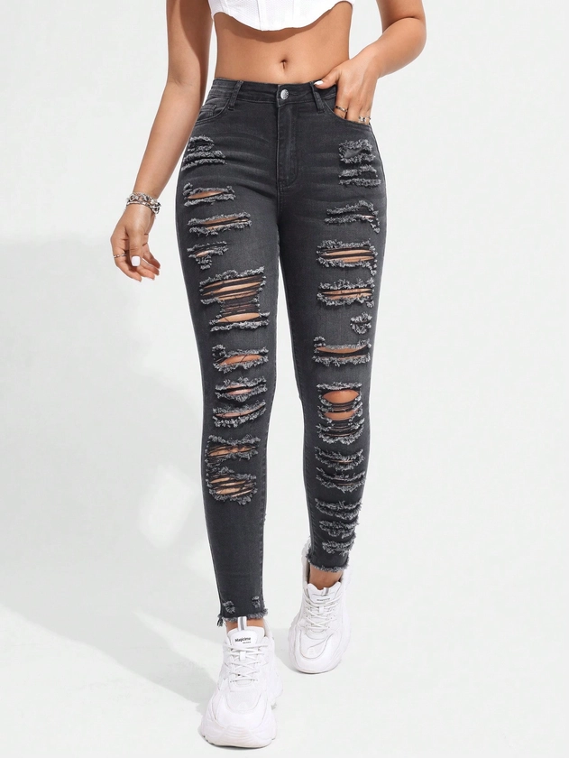 SHEIN Essnce Casual Distressed Skinny Jeans