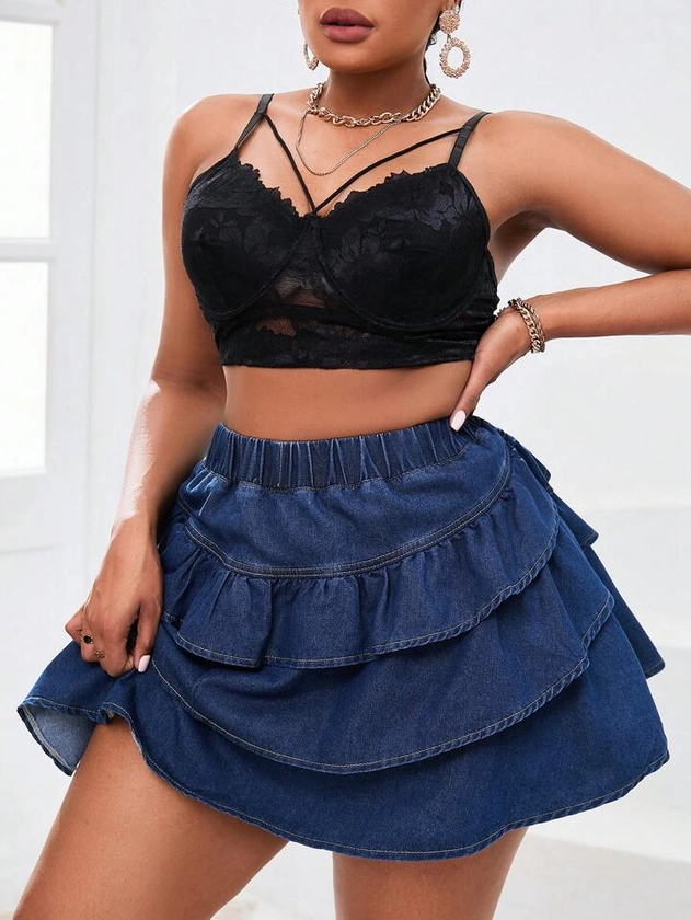 SHEIN SXY Plus Size Women's Denim Skirt With Ruffled Hem And Layered Design
