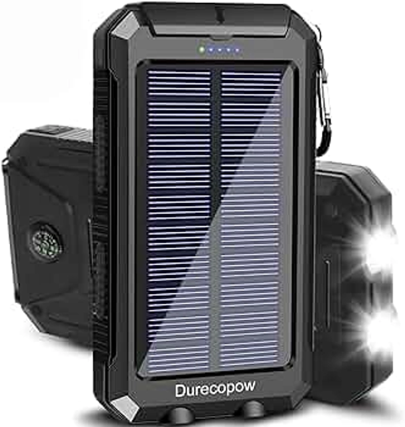 Solar Charger, 20000mAh Portable Outdoor Waterproof Solar Power Bank, Camping External Backup Battery Pack Dual 5V USB Ports Output, 2 Led Light Flashlight with Compass (Black)