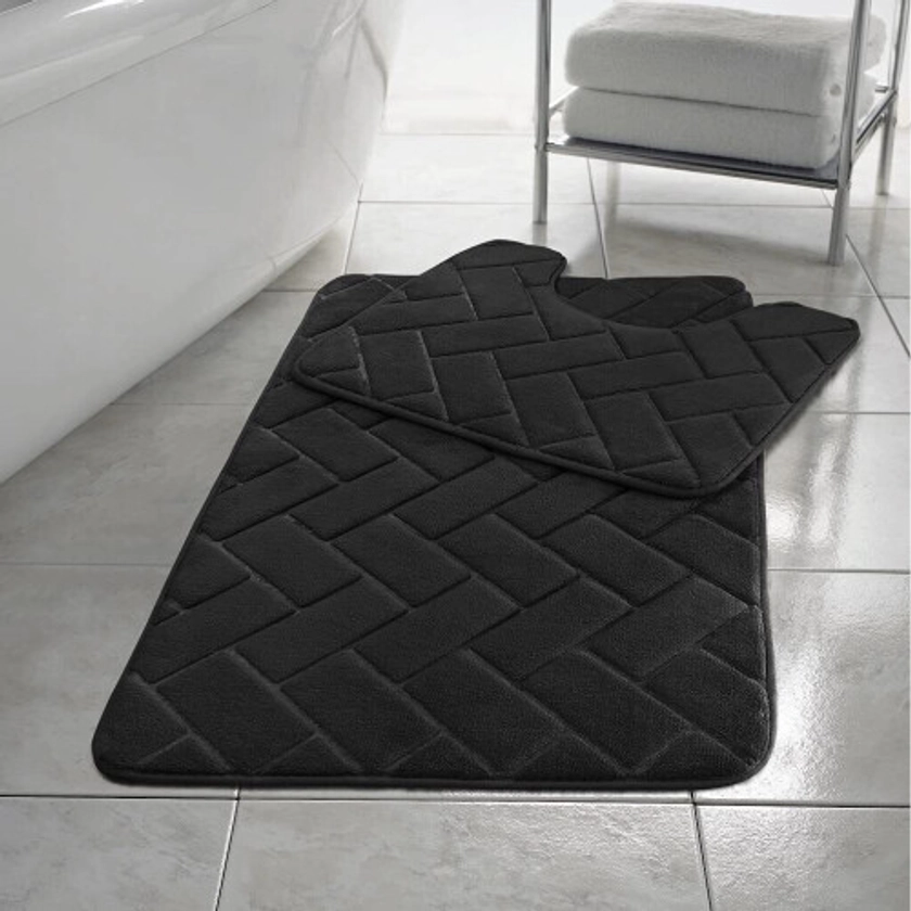 (Black) ebbles Block BATH MAT SET PEDESTAL NON SLIP SUPER SOFT TOILET BATHROOM RUG 2PC on OnBuy