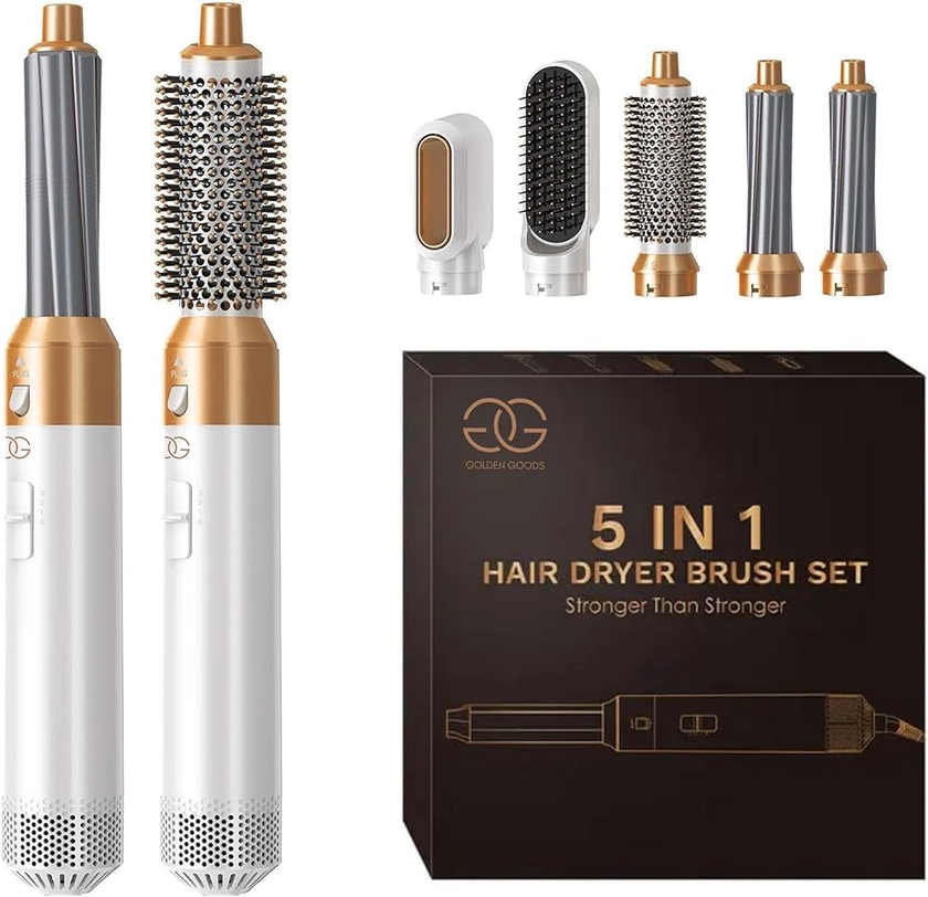 Brosse Soufflante avec 5 accessoires, Golden Goods Multistyler Sèche-cheveux, Airstyler 5-en-1, pour sécher, Brosse Coiffante Chauffante, Pour Lisser, Boucler, White/Gold Edition