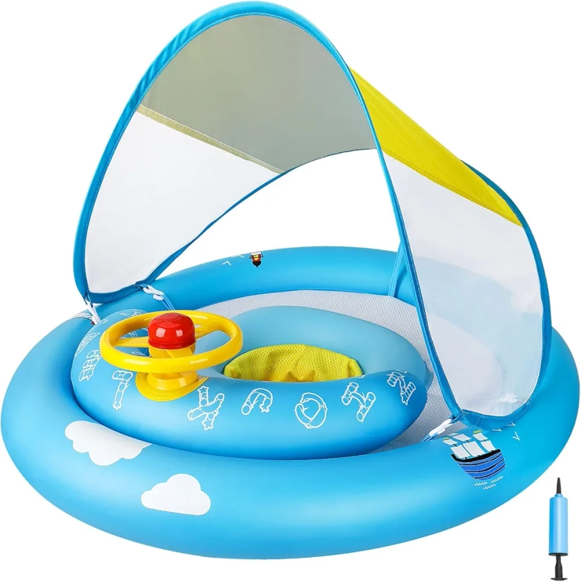 MYCARBON Bouée Bébé avec Pare Soleil UPF 50+ Bouée Piscine Gonflable Enfant de 6 à 30 Mois avec Siège Ajustable Flotteur Piscine Bébé Bouée de Natation avec Volant Klaxon