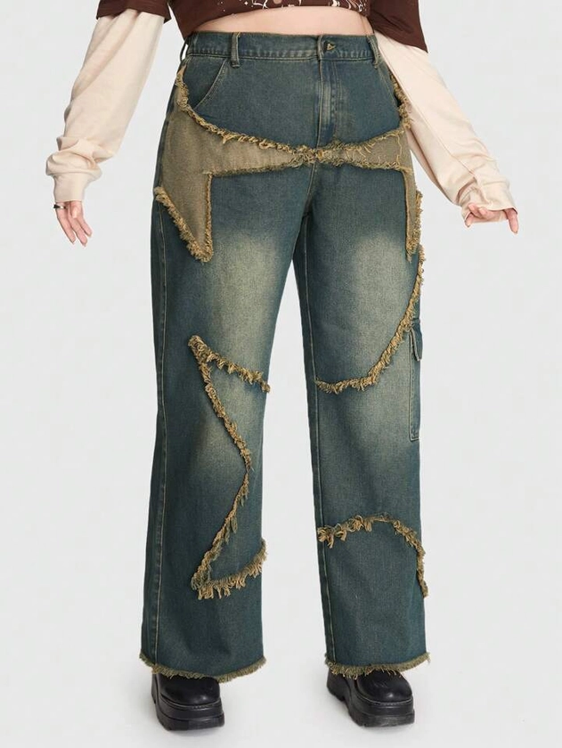 Fairycore Plus High Waist Raw Trim Straight Leg Jeans