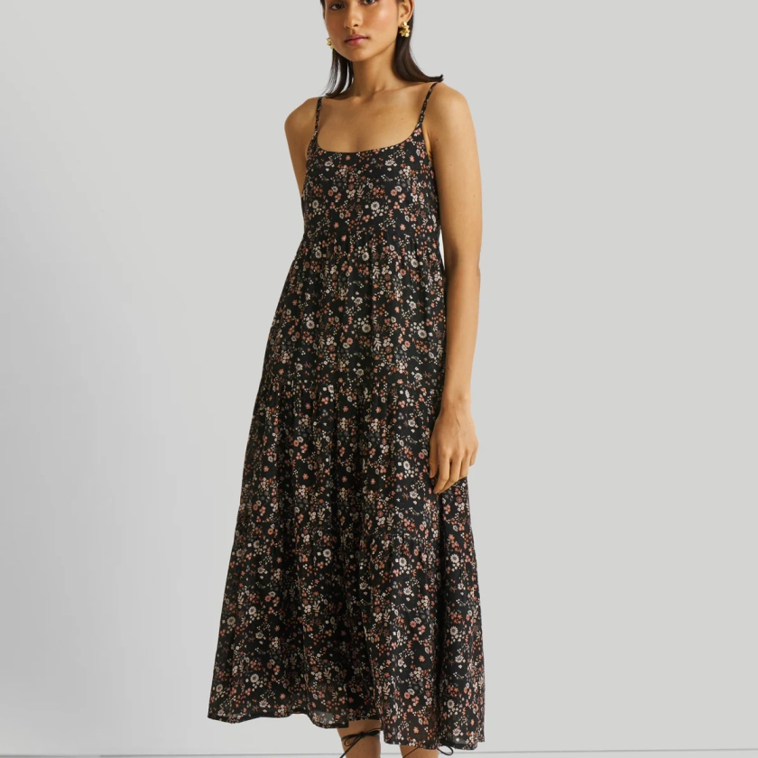 Strappy Tiered Maxi Dress in Black Florals