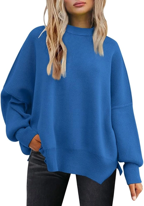 LILLUSORY Women's Oversized Batwing Sweaters 2024 Fall Outfits Crewneck Ribbed Knit Side Slit Trendy Pullover Tops