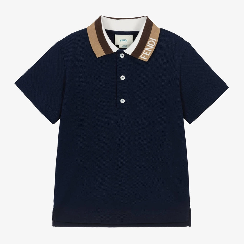 Fendi Boys Navy Blue Intarsia Collar Polo Shirt