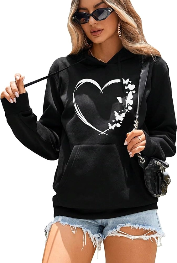 SOLY HUX Women's Graphic Hoodies Heart Print Drawstring Long Sleeve Pocket Sweatshirt Pullover Tops
