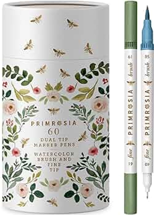 Primrosia 60 Dual Tip Marker Pens, Fineliner and Watercolor Brush Pens for Art Sketching Illustration Calligraphy Permanent Highlighter Bullet Journal Drawing Coloring