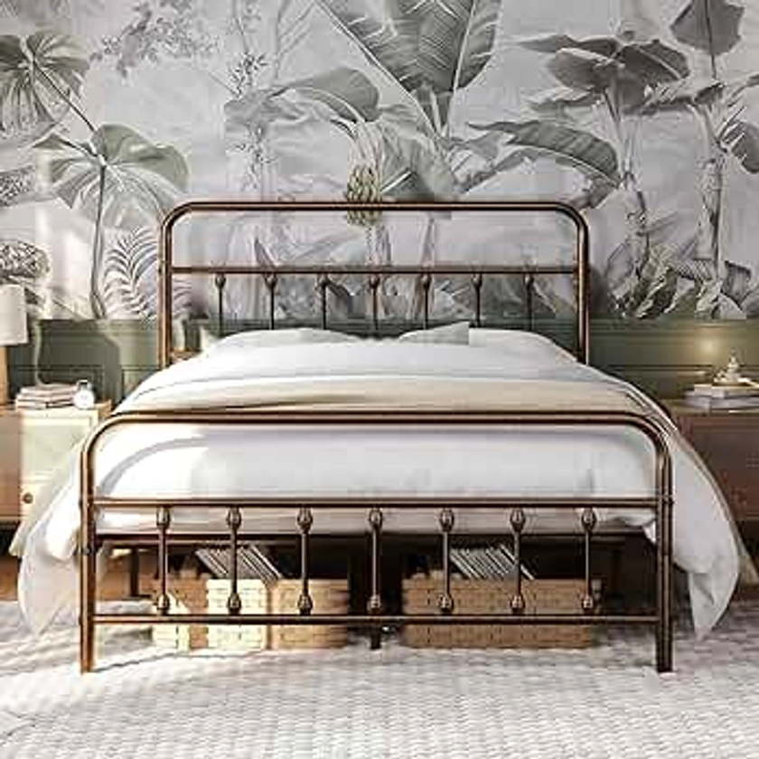 Yaheetech Classic Metal Platform Bed Frame Mattress Foundation with Victorian Style Iron-Art Headboard/Footboard/Under Bed Storage/No Box Spring Needed/Queen Size Bronze