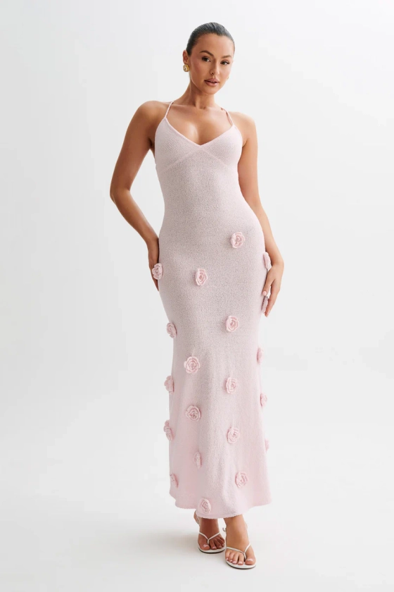 Suki Knit Maxi Dress With Flowers - Baby Pink