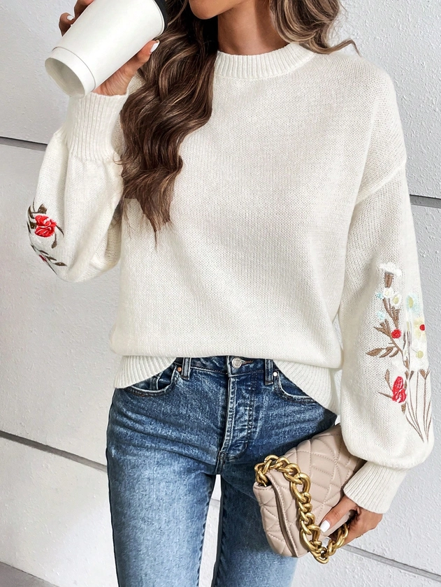 SHEIN Relaxiva Floral Embroidery Drop Shoulder Sweater