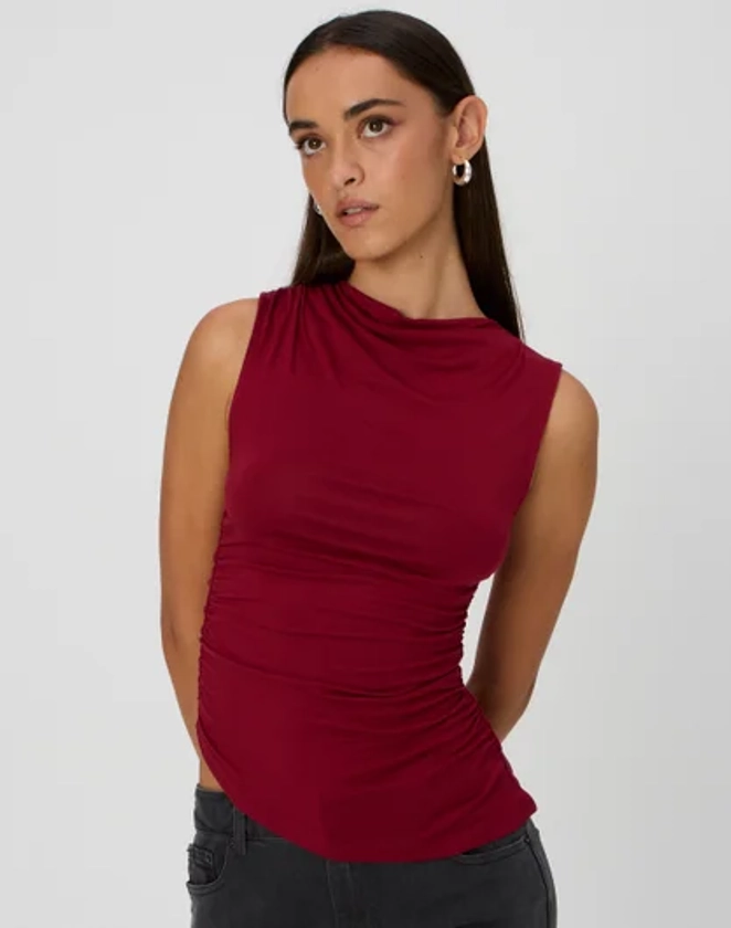High Neck Asymmetrical Top in Cherry Wag | Glassons