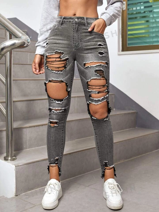 SHEIN ICON High Waisted Ripped Raw Hem Cutout Skinny Jeans