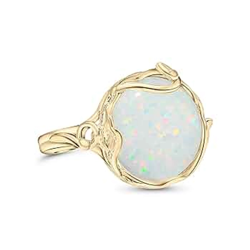 White Opal Adjustable Ring for Women in 14K Gold Plated Over 925 Sterling Silver – October Birthstone 0.55 inch Round Cut Gem14mm Housed in a Vintage Silver Mount - Handmade Jewelry - Boho Ring