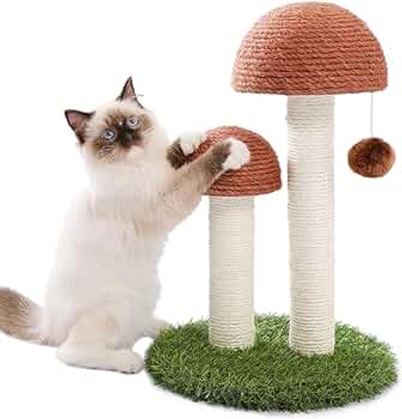 PETEPELA Cat Scratching Post, Mushroom Tall Cat Scratcher Featuring with Natural Sisal Scratching Poles and Interactive Toy Ball for Kittens and Small Cats (Brown)