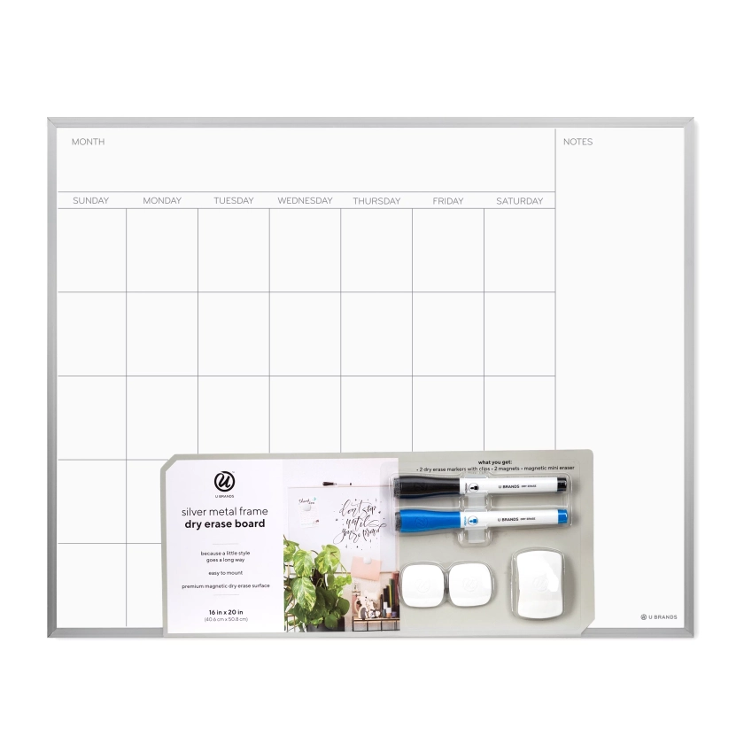 U Brands 16x 20 in. Magnetic Monthly Calendar Dry Erase Board, Silver Aluminum Frame