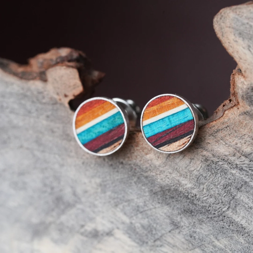 Colorful Wood Circle Stud Earrings, Comfortable Hypoallergenic Posts, Striped Earrings, Everyday Wear