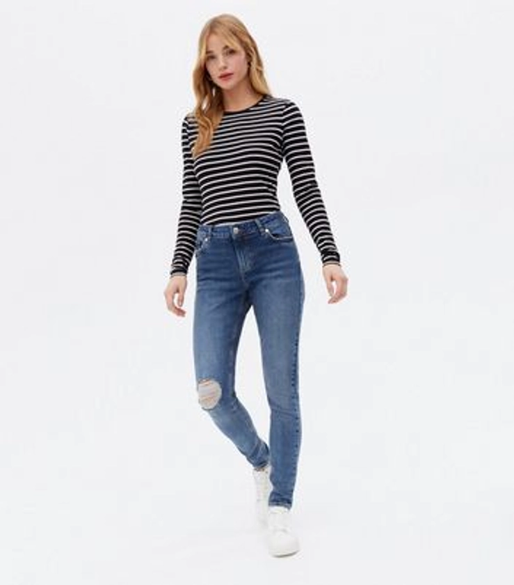 Blue Ripped Knee Low Rise Skinny Jeans