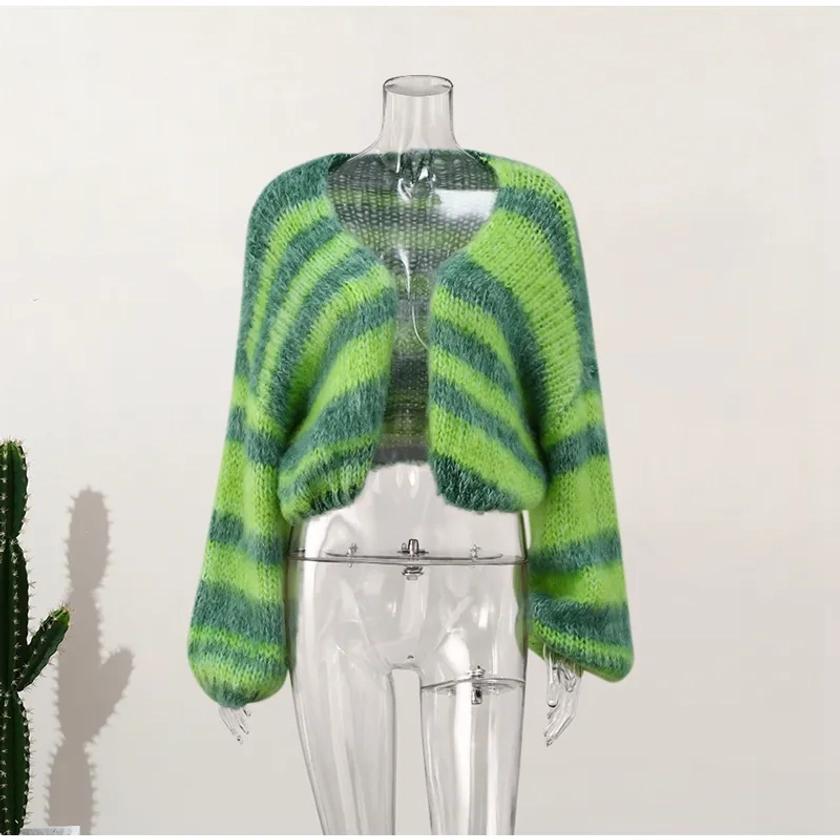 All Green Striped Cool Winter Cardigan Sweaters For Women