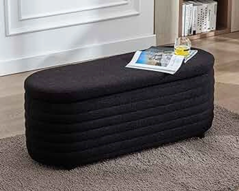 Storage Ottoman Bench Upholstered Fabric Storage Bench End of Bed Stool with Safety Hinge for Bedroom, Living Room, Entryway (45.5-inch, Black)