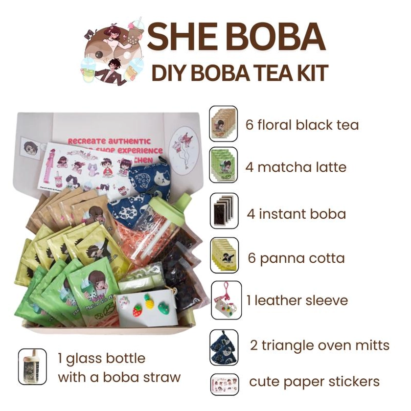 SHE Boba Tea DIY Box:10 Servings + 1 FREE Reusable Glass Bottle (6 floral black tea, 4 matcha latte, 6 Panna Cotta, 4 instant boba) - Birthday Gift