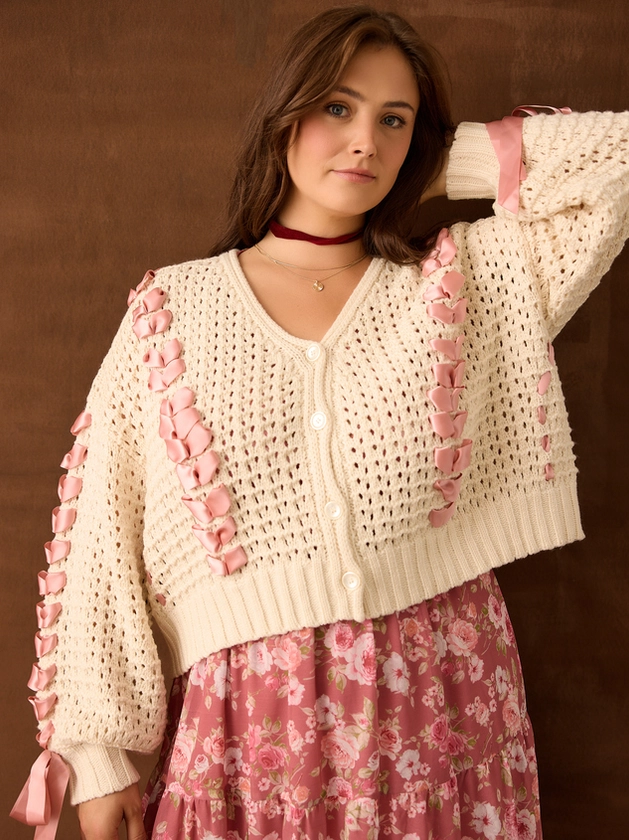 Brandy Ribbon Cardigan in Ivory & Pink | Arula