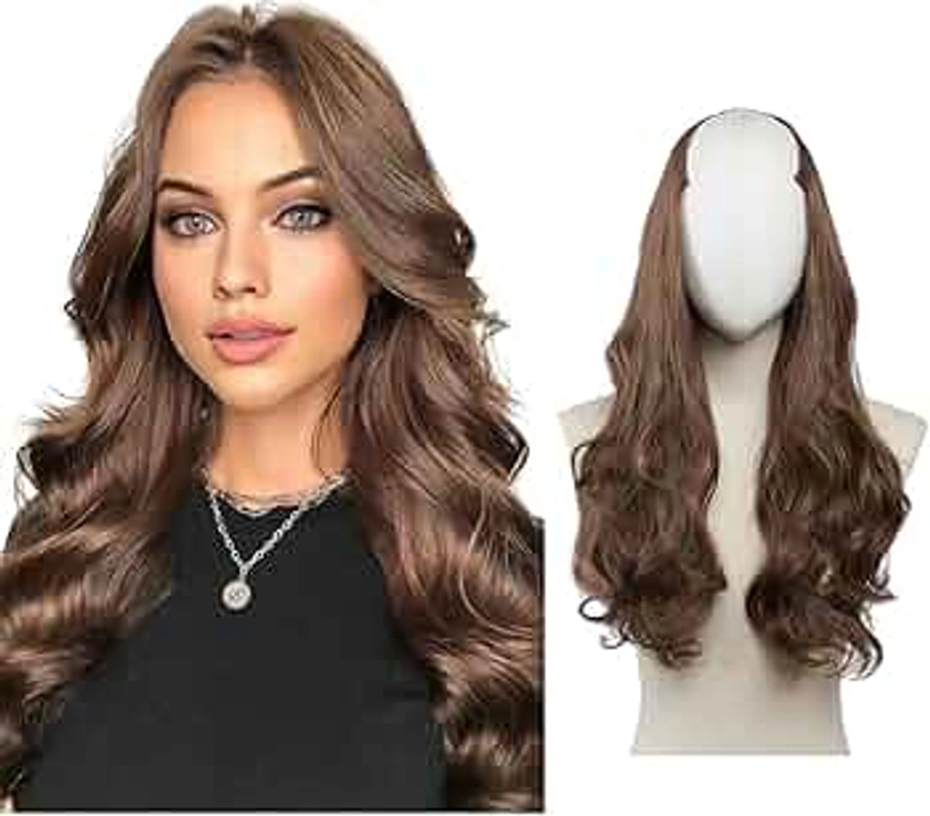 SARLA Clip in U Part Hair Extensions Synthetic Long Wavy Curly Thick Full Head Hairpiece for Women Medium Brown 24 Inch