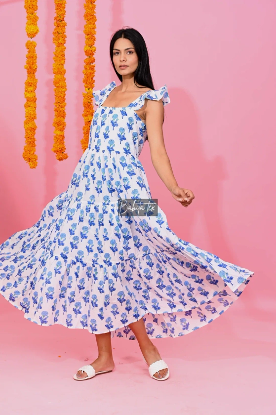 Hand Block Print Floral Sleeveless Maxi Dress Blue - Etsy