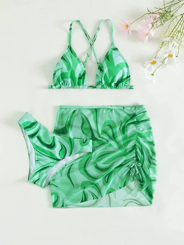 SHEIN Teen Girls 3pack Fluid Pattern Criss Cross Triangle Bikini Swimsuit & Beach Skirt