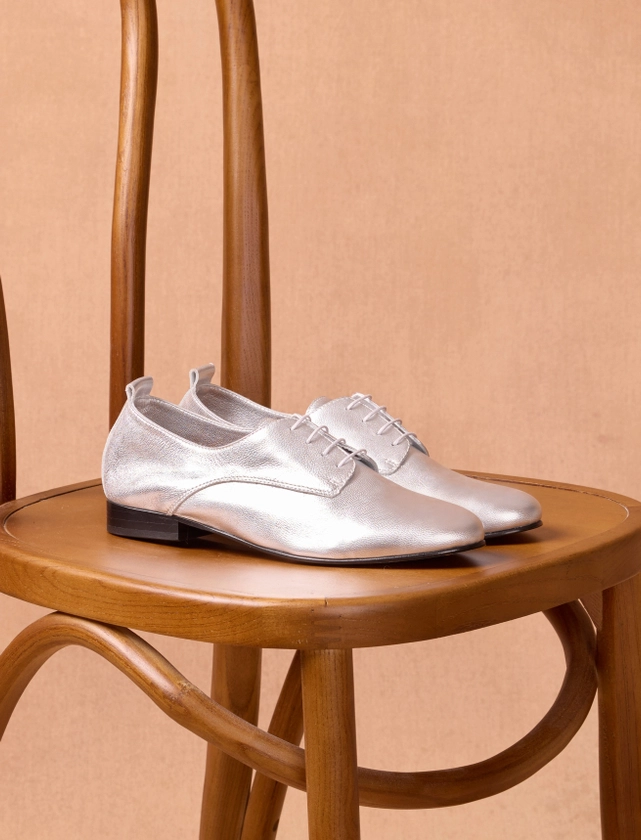 Silver Leather Derby Shoes for Women - Louise Model