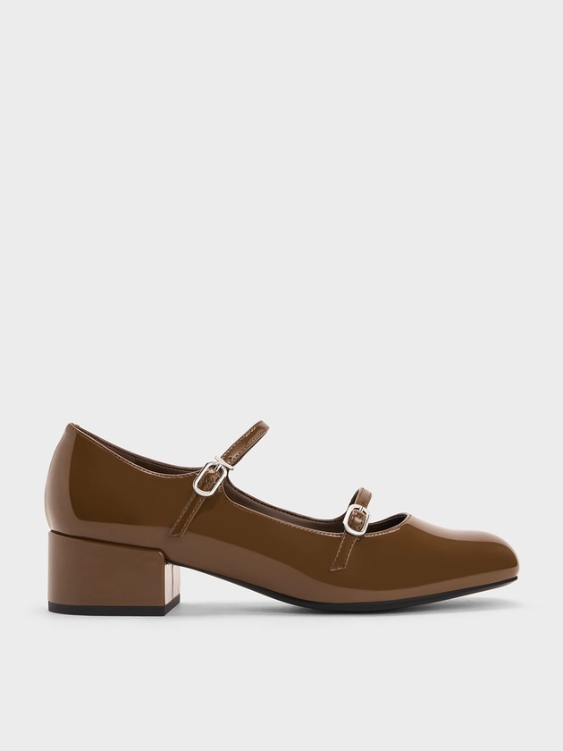 Brown Double-Strap Block-Heel Mary Janes | CHARLES & KEITH