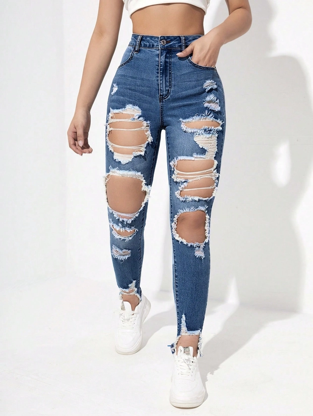 SHEIN Essnce Women's Distressed Skinny Jeans