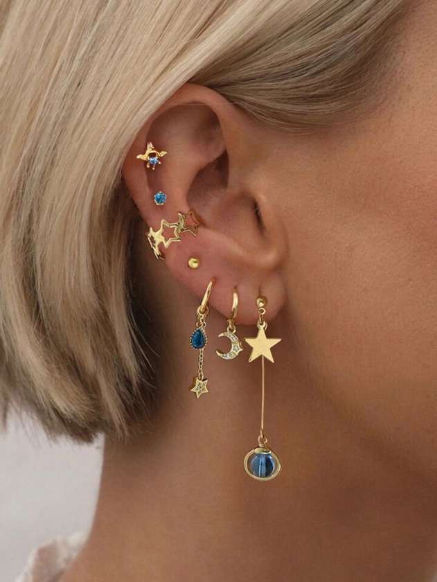 7pcs/Set Blue Toned Zirconia & Turquoise Star Moon Design Earring Set For Women, Perfect For Vacation, Date, Party & Daily Wear