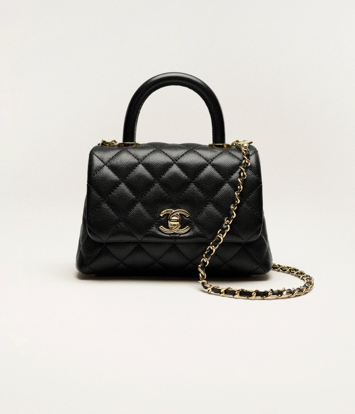 Mini flap bag with top handle, Grained calfskin & gold-tone metal, black — Fashion | CHANEL