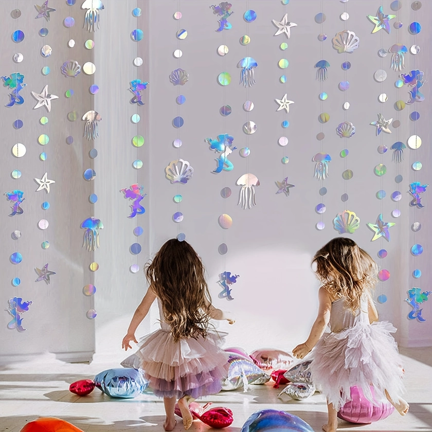Rainbow Mermaid Garland - Set of Jellyfish, Starfish, Pearl Pull Flower Pendants for Under the Sea/Mermaid Theme Baby Shower, Wedding, and Birthday Party Decorations