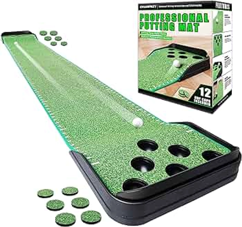 CHAMPKEY Pong Game Golf Putting Green - Premium Green Surface Golf Putting Mat with Distance Guides - Enhance Putting Accuracy and Challenge