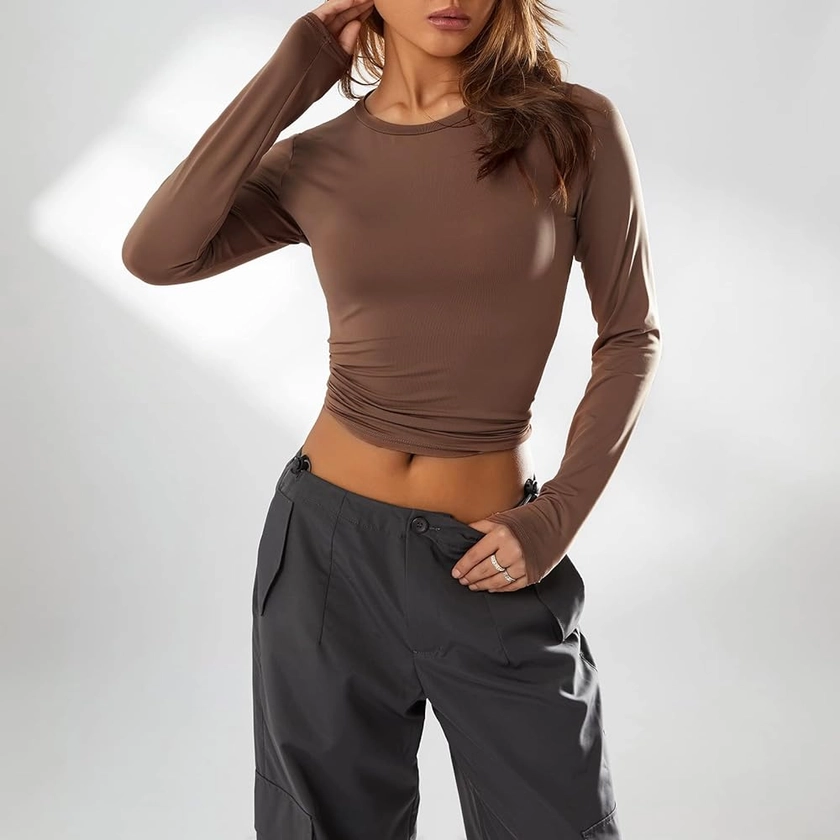 Women's Casual Basic Crop Tops Long Sleeve Slim Fit Solid Color Crew Neck Pullover Shirts Tight Tee Fall Spring at Amazon Women’s Clothing store