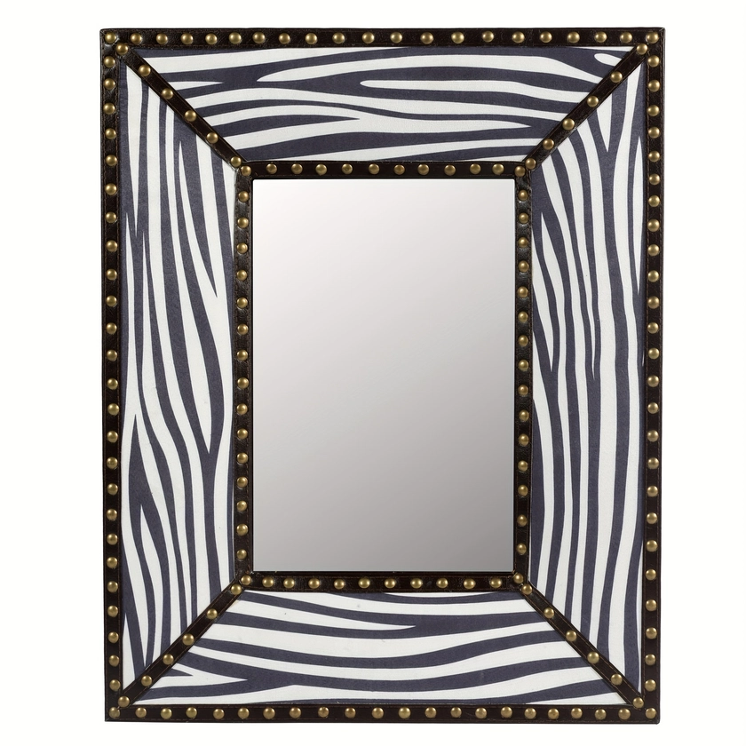 White Zebra Rectangle Decorative Wall Hanging Mirror, Rivet Decoration, Fabric and PU Covered MDF Framed Mirror for Bedroom Living Room Vanity Entryway Wall Decor, 21x26inch