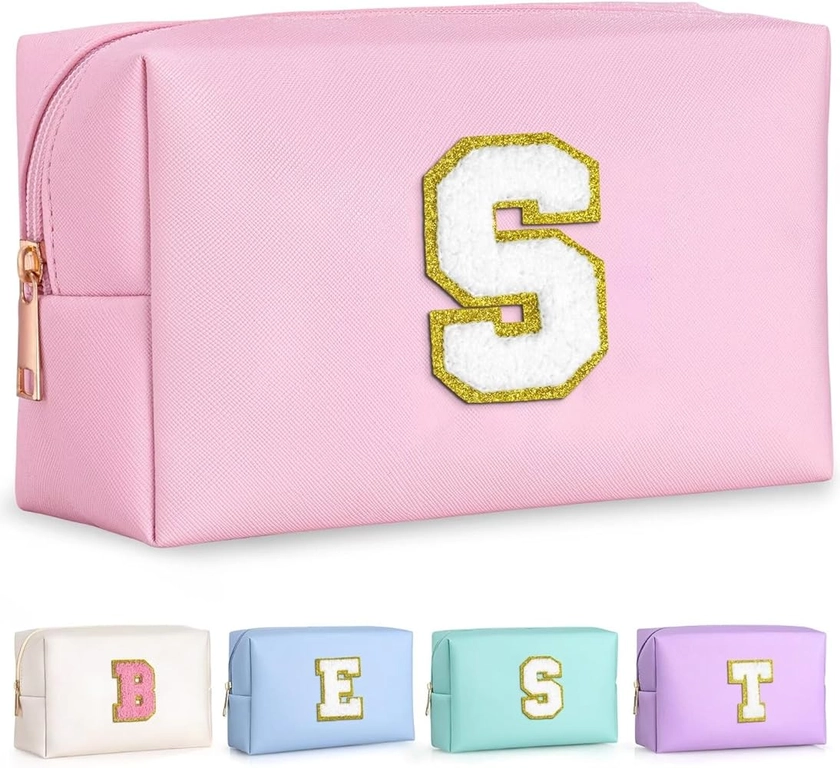 Initial Cosmetic Bag for women, Preppy Small Makeup Bag, PU Leather Waterproof Toiletry Bag, Monogrammed Birthday Gifts For Women, Stuff for girls (Letter S)