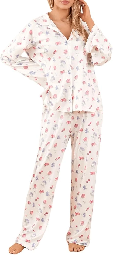 Loalirando Ensemble Pyjama Femme Lâche de 2 Pièces Imprimé Fruits ou Fleurs, Haut Boutonné à Manches Longues Col à Revers + Pantalon/Shorts