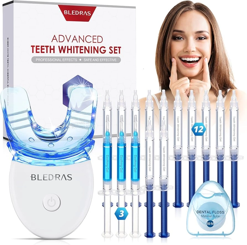 Bledras Kit Blanqueamiento Profesional con 12*Gel Blanqueamiento,3*Gel Calmante,Hilo Dental,15 Mins Blanqueamiento Rápido, para Limpieza y Eliminacion de Sarro