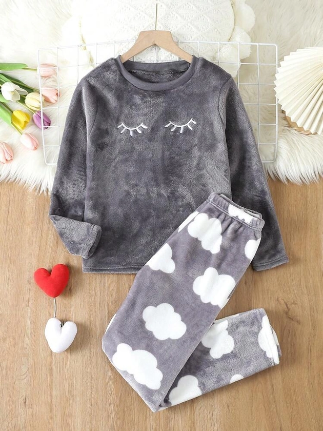 Tween Girl Eyelash Embroidery Flannel Top & Cloud Print Pants PJ Set | SHEIN UK