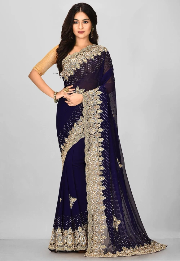 Hand Embroidered Georgette Scalloped Saree in Navy Blue